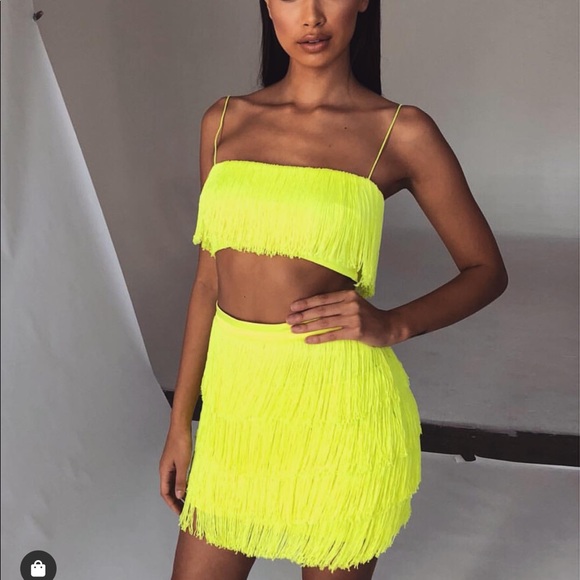 neon green fringe dress